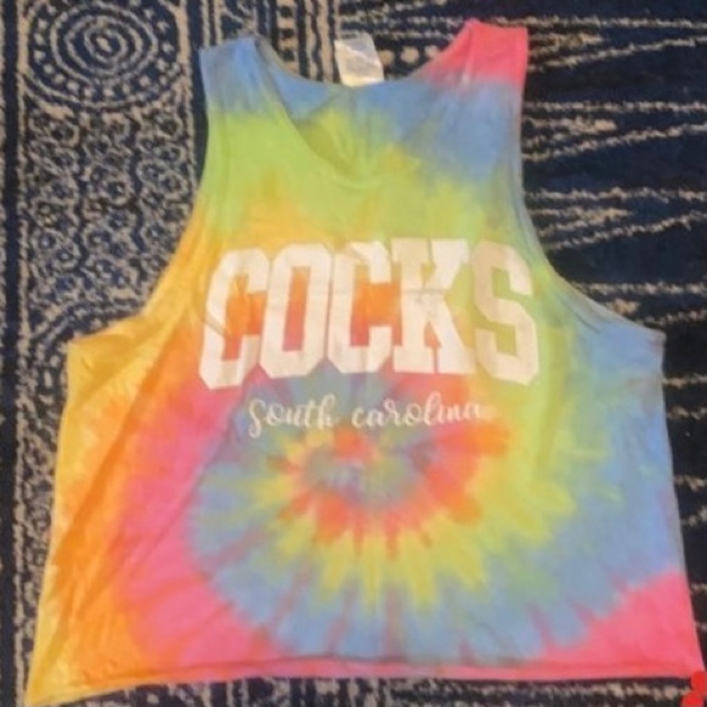 Tie dye colorful COCKS UofSC cropped tank top